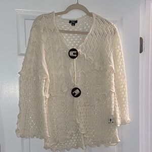 Lisa International Cream Crochet Boho Two Buttons Bohemian Cover Cardigan L